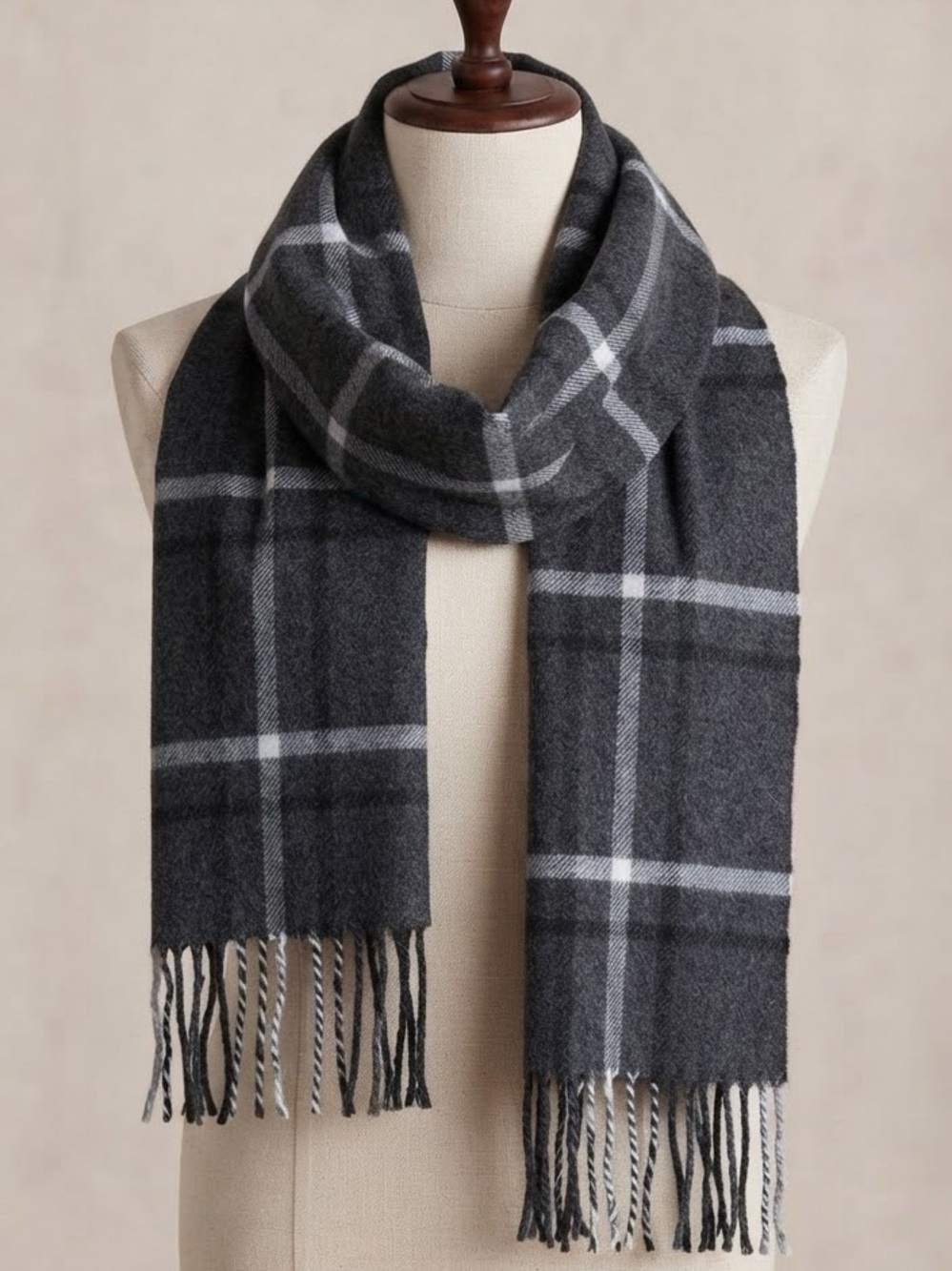 Calvin Klein Dark Gray Plaid Fringe Winter Scarf